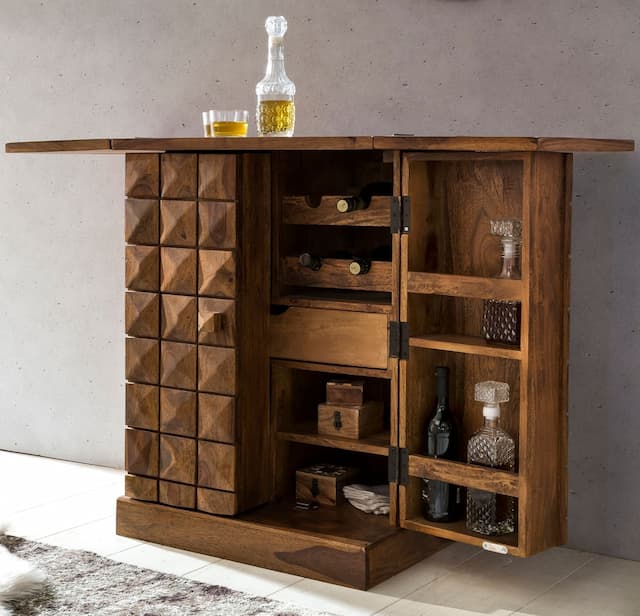 Hausbar LUCCA Sheesham Massivholz 65x91x50 cm Weinbar ausklappbar