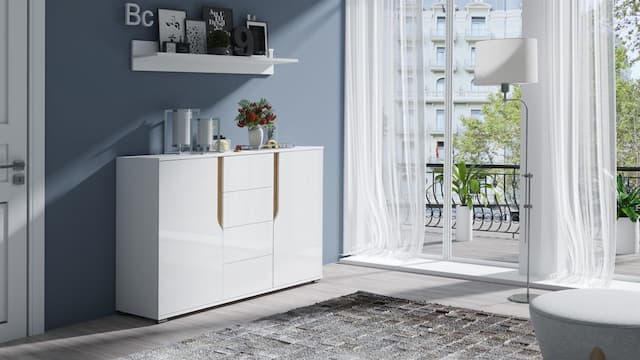 Sideboard Kommode DALLAS 135x90x40cm Weiß HGL / Eiche matt