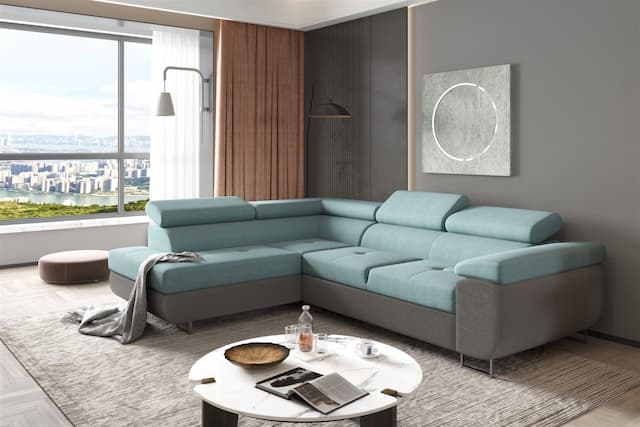 Couchgarnitur JADE Stoff Dunkelgrau-Meeresgrün Schlaffunktion Ottomane Links