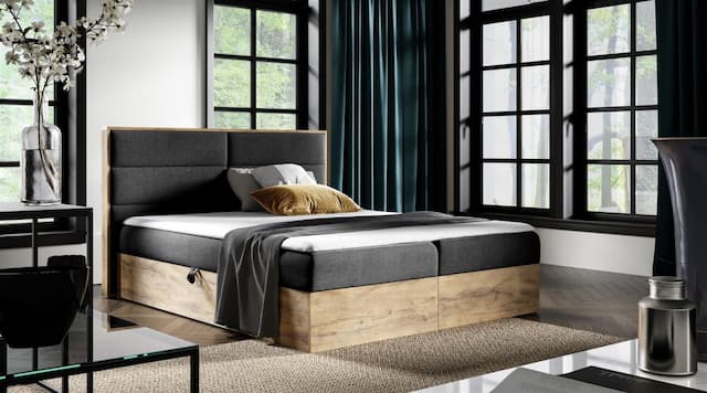 Boxspringbett Bett LAMBROS 140x200cm Lancelot Eiche Stoff Schwarz ink.Bettkasten