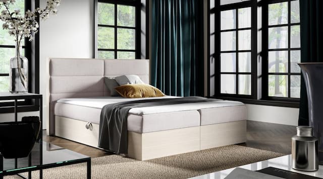 Boxspringbett Bett LAMBROS 160x200cm Nordic Teak Stoff Hellbeige inkl Bettkasten