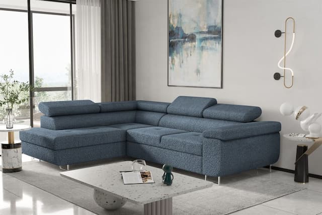 Couchgarnitur JADE Stoff Blau mit Schlaffunktion Ottomane Links