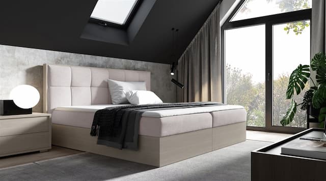 Boxspringbett Bett THANOS 140x200cm Nordic Teak Stoff Hellbeige inkl. Bettkasten