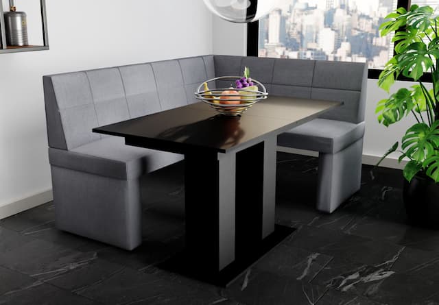 Eckbankgruppe 168x128 cm BLAKE L Stoff Soro Grau / Esstisch DANTE Schwarz