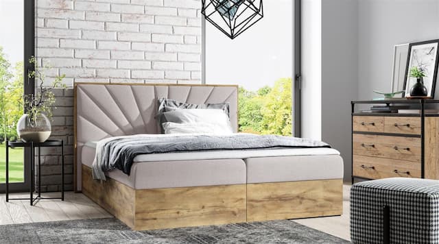 Boxspringbett Bett DAIMON 140x200cm Lancelot Eiche Stoff Hellbeige Bettkasten