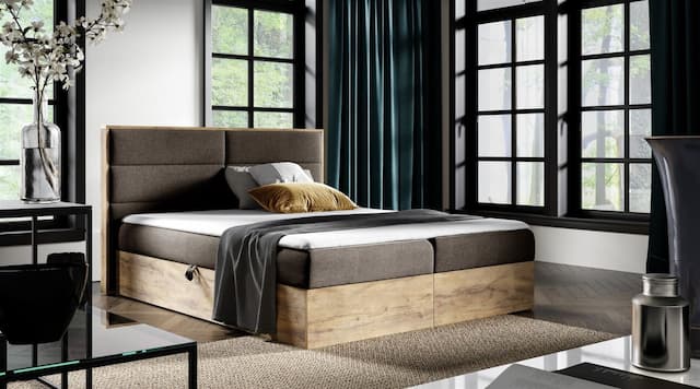 Boxspringbett Bett LAMBROS 160x200cm Lancelot Eiche Stoff Braun inkl. Bettkasten