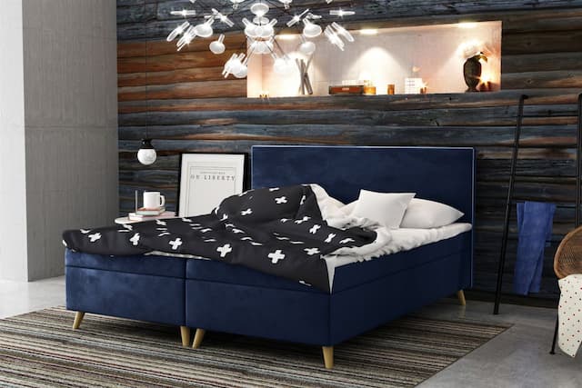Boxspringbett Schlafzimmerbett Sileno 180x200cm in Stoff Riviera Dunkelblau