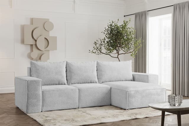 Ecksofa Designersofa ESTELLE in Stoff Abriamo Hellgrau Ottomane Rechts