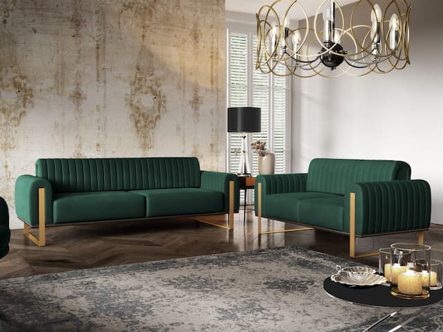 Sofaset Designersofas VALERIE 3-2 in Stoff Stoff Elisa Velvet Flaschengrün