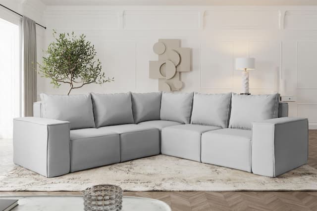 Ecksofa Designersofa ESTELLE in Stoff Opera Velvet Hellgrau Seite Universal