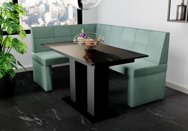 Eckbankgruppe 168x128 cm BLAKE R Stoff Soro Türkis / Esstisch DANTE Schwarz